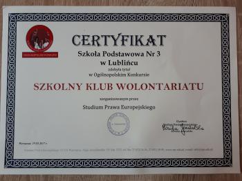Certyfikat Szkolny Klub Wolontariatu 